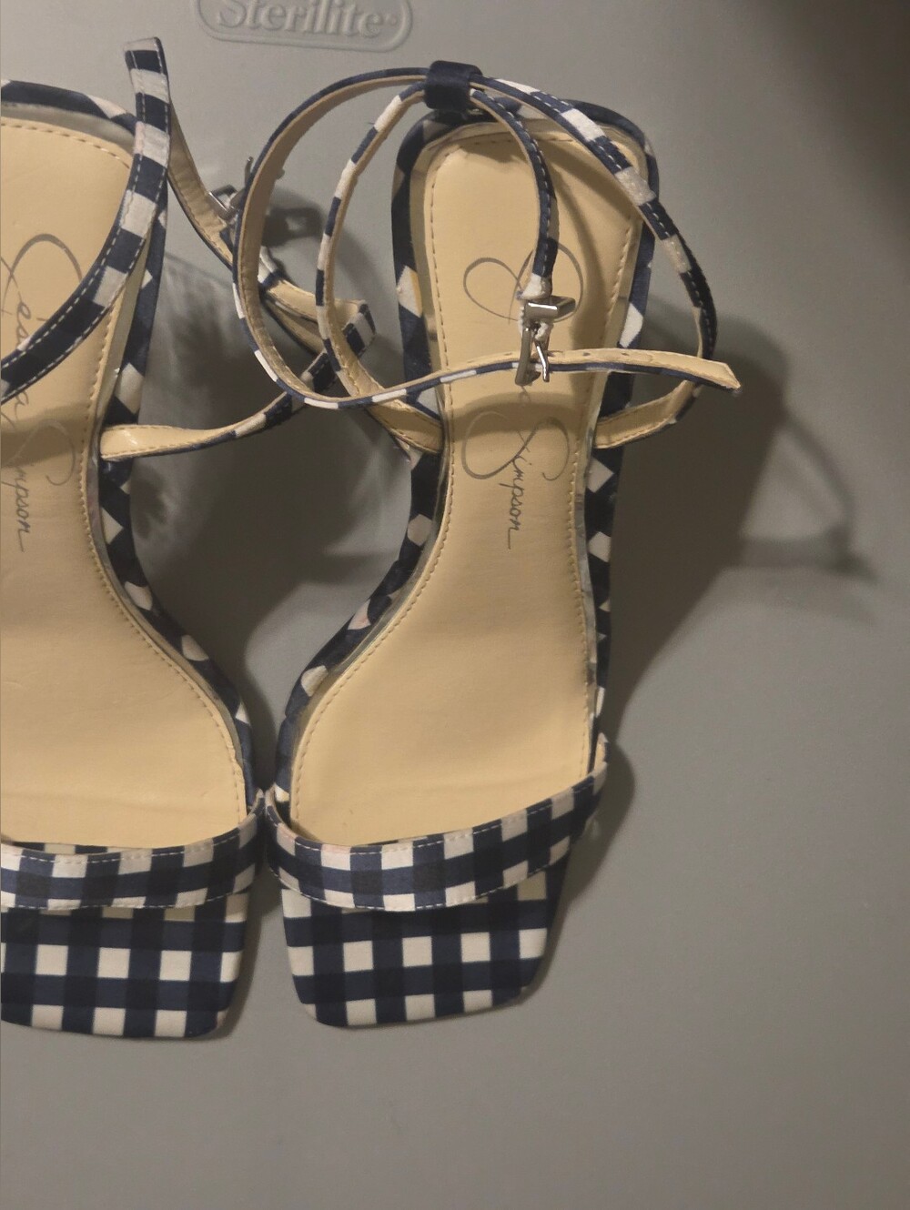 Jessica Simpson Navy Gingham Ankle-Strap Sandals, Daisy Wedge Heel,7.5,Euc